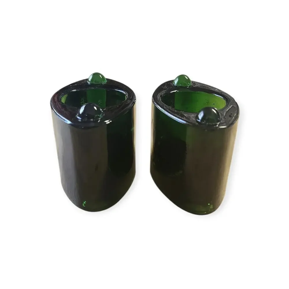 Vintage MCM Green Cats Eye Glass Single Votive Candle Holders Pair of 2